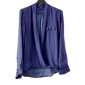 Striped Plunge Style Silky Blouse